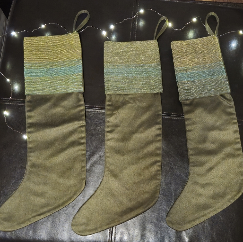 (3) Elegant Tag Ltd Christmas Stockings - Olive Green, Shimmery Gold and Blue